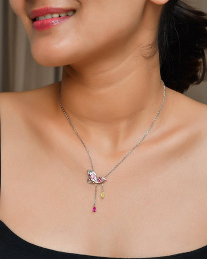 Blush - Pink Butterfly Y - Lariat – Hand - Enamelled Sterling - Silver Necklace - Zirak Silver