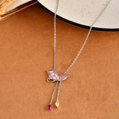 Blush - Pink Butterfly Y - Lariat – Hand - Enamelled Sterling - Silver Necklace - Zirak Silver