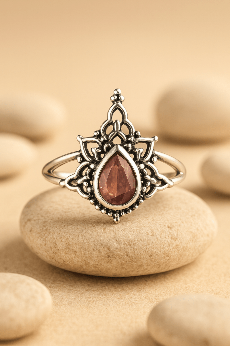 Boho Garnet Teardrop Ring in 925 Silver – Lotus Filigree Adjustable Statement Ring - Zirak Silver