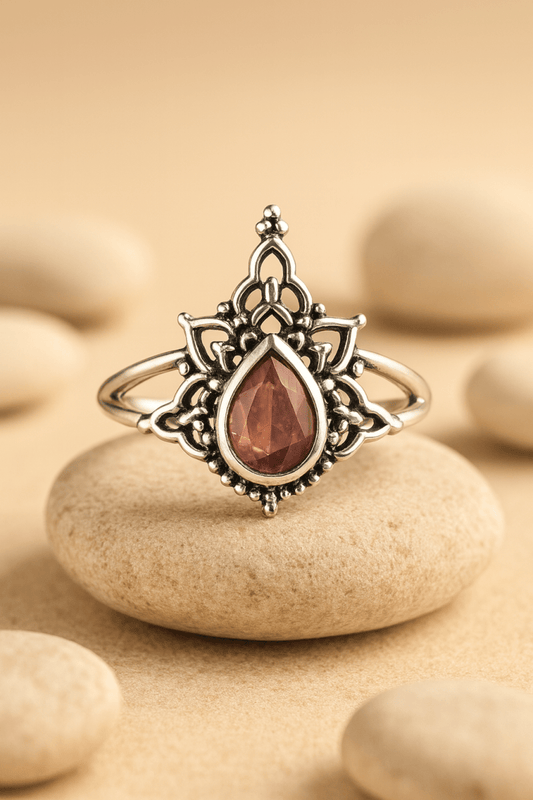 Boho Garnet Teardrop Ring in 925 Silver – Lotus Filigree Adjustable Statement Ring - Zirak Silver