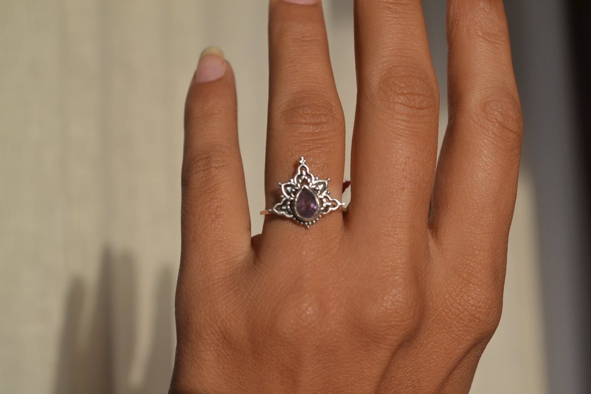 Boho Garnet Teardrop Ring in 925 Silver – Lotus Filigree Adjustable Statement Ring - Zirak Silver