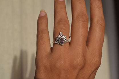 Boho Garnet Teardrop Ring in 925 Silver – Lotus Filigree Adjustable Statement Ring - Zirak Silver