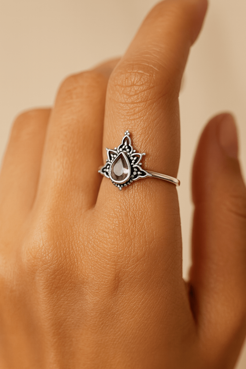 Boho Garnet Teardrop Ring in 925 Silver – Lotus Filigree Adjustable Statement Ring - Zirak Silver