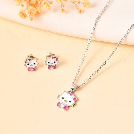 Bow - Kitty Sterling - Silver Pendant & Stud Set | White Enamel Face with Pink Bow - Tie - Zirak Silver
