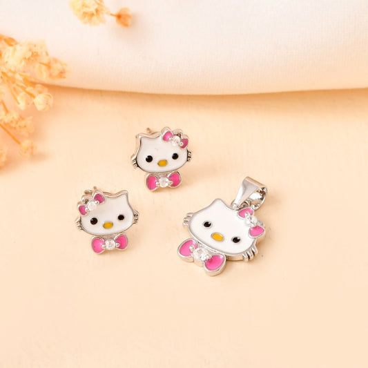 Bow - Kitty Sterling - Silver Pendant & Stud Set | White Enamel Face with Pink Bow - Tie - Zirak Silver