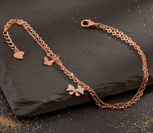 Butterfly CZ 925 Silver Rose Gold Layered Bracelet - Zirak Silver