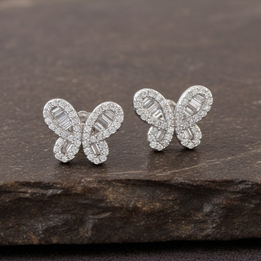 Butterfly Silver Stud Earrings – Sparkling CZ Baguette Butterfly Earrings for Women - Zirak Silver