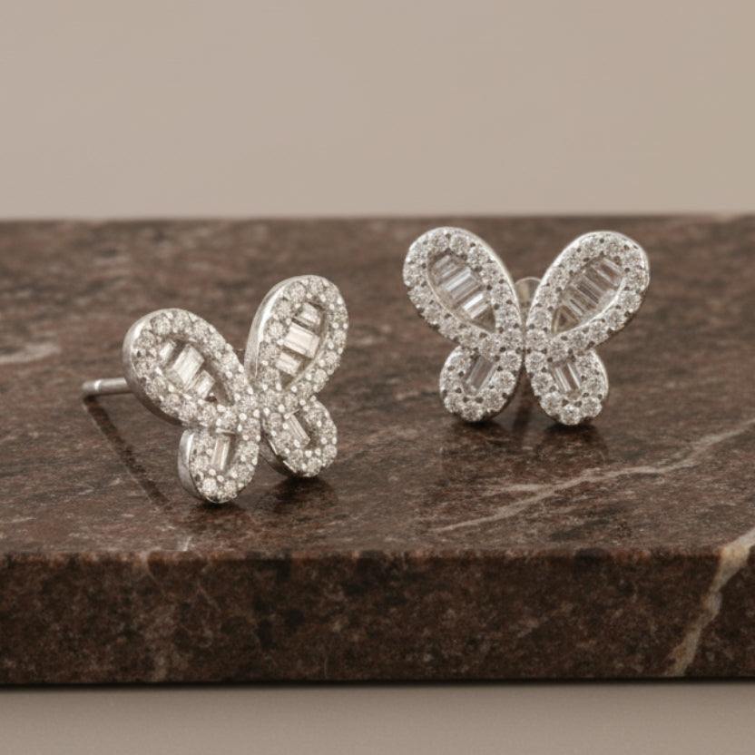 Butterfly Silver Stud Earrings – Sparkling CZ Baguette Butterfly Earrings for Women - Zirak Silver