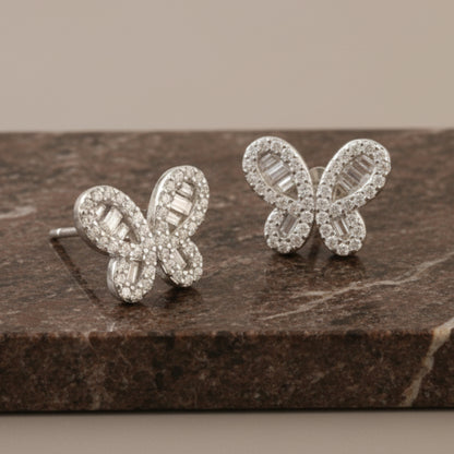 Butterfly Silver Stud Earrings – Sparkling CZ Baguette Butterfly Earrings for Women - Zirak Silver