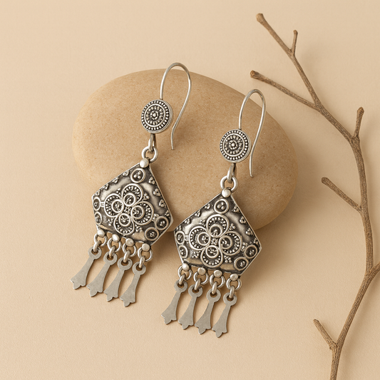 Nitya Earrings – Oxidised 925 Silver Tribal Dangle Earrings with Spiral Motifs