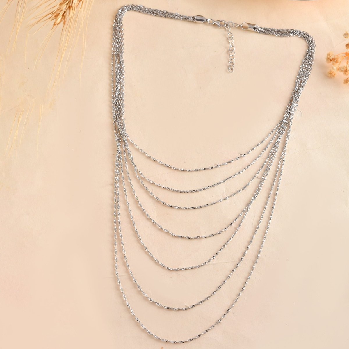 Cascading 7 - Layer Silver Rope - Chain Necklace | Adjustable Sparkle Bib Collar - Zirak Silver