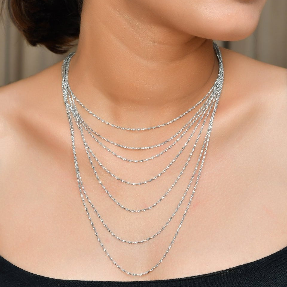 Cascading 7 - Layer Silver Rope - Chain Necklace | Adjustable Sparkle Bib Collar - Zirak Silver