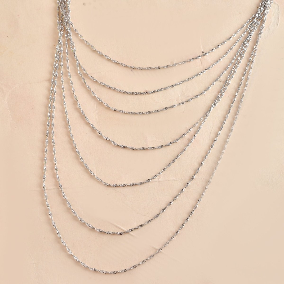 Cascading 7 - Layer Silver Rope - Chain Necklace | Adjustable Sparkle Bib Collar - Zirak Silver