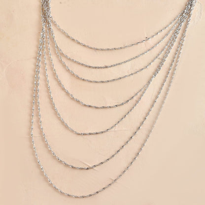 Cascading 7 - Layer Silver Rope - Chain Necklace | Adjustable Sparkle Bib Collar - Zirak Silver