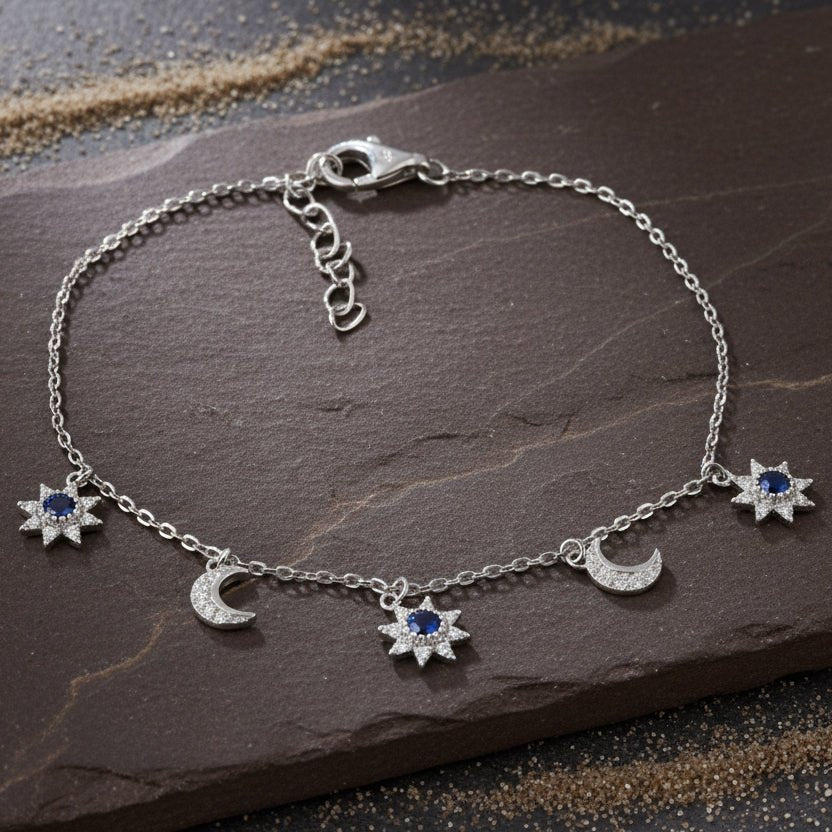 Celestial Star & Moon 925 Silver Charm Bracelet - Zirak Silver