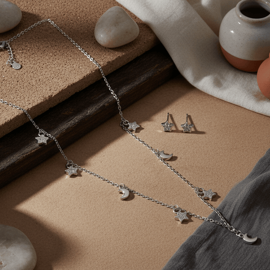 Celestial Star & Moon Silver Necklace with Matching Stud Earrings Set - Zirak Silver
