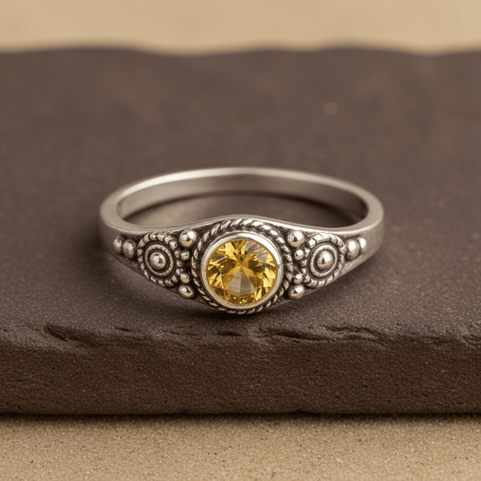 Citrine Oval Ring in 925 Silver – Engraved Floral Gemstone Ring for Women - Zirak Silver