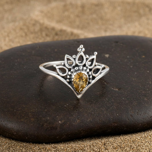 Citrine Teardrop Princess Crown Ring - Zirak Silver