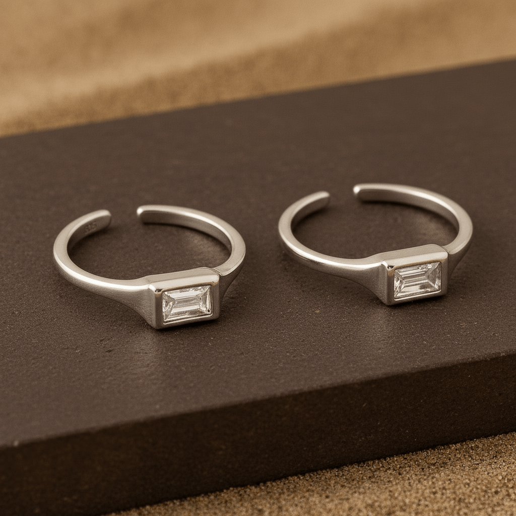 Clear Baguette Silver Toe Ring | 925 Sterling Silver Adjustable Crystal Toe Ring for Women - Zirak Silver