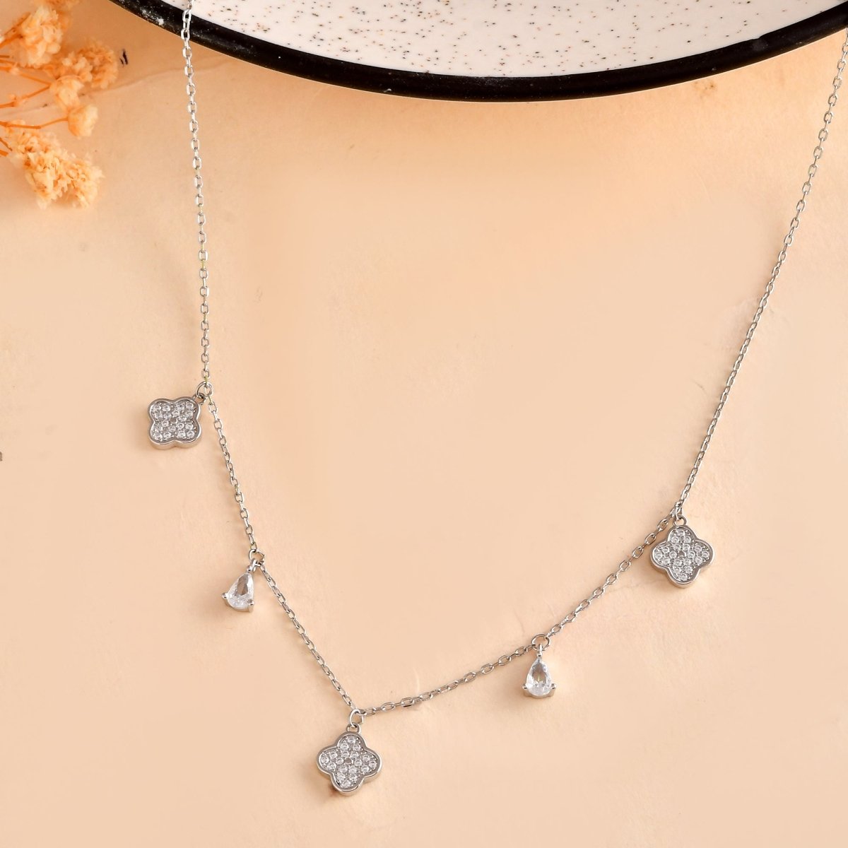 Clover & Teardrop CZ Charm Necklace – Dainty Sterling Silver Choker - Zirak Silver