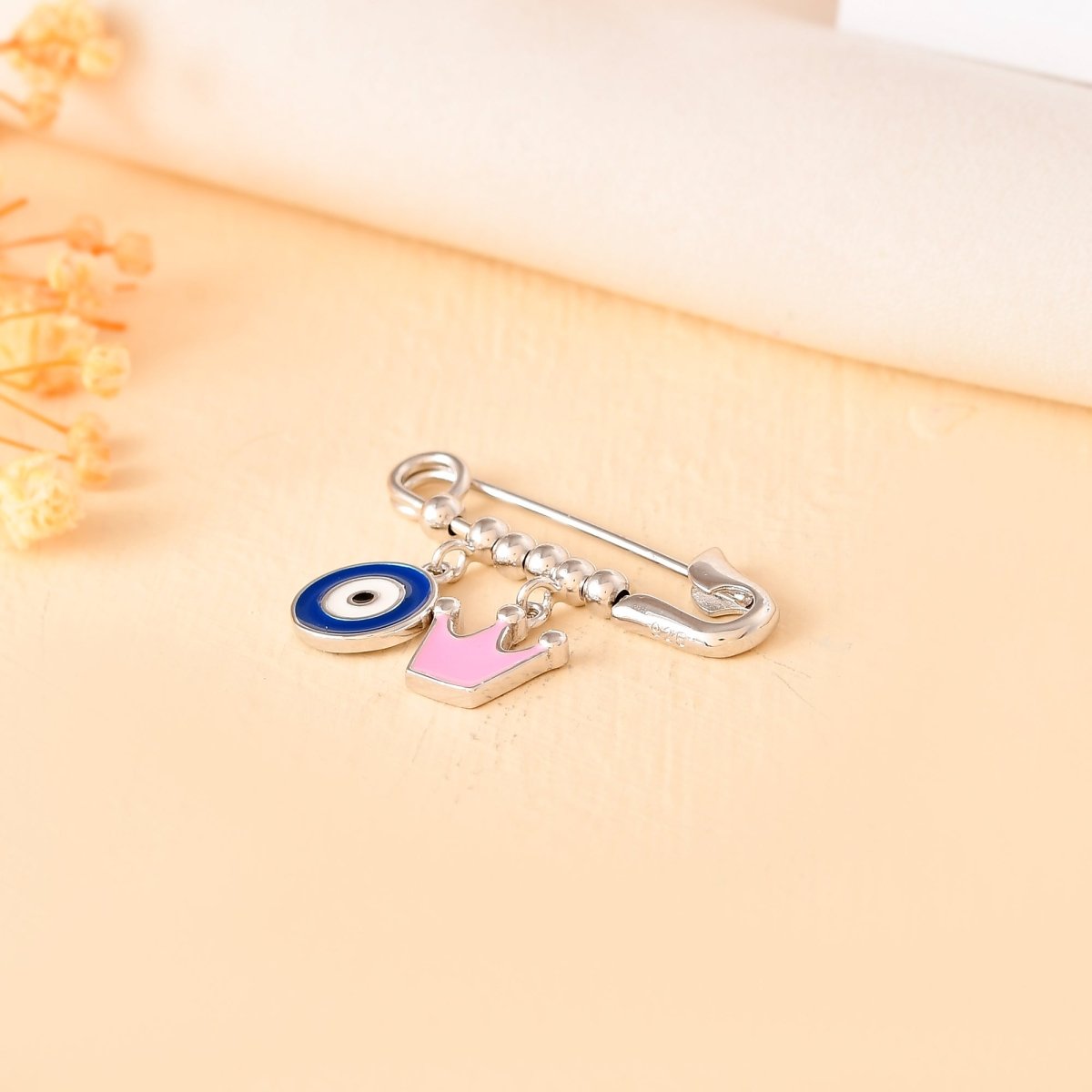 Crown - Eye Sterling - Silver Safety Pin | Baby Nazariya Brooch with Blue Evil Eye & Pink Crown - Zirak Silver