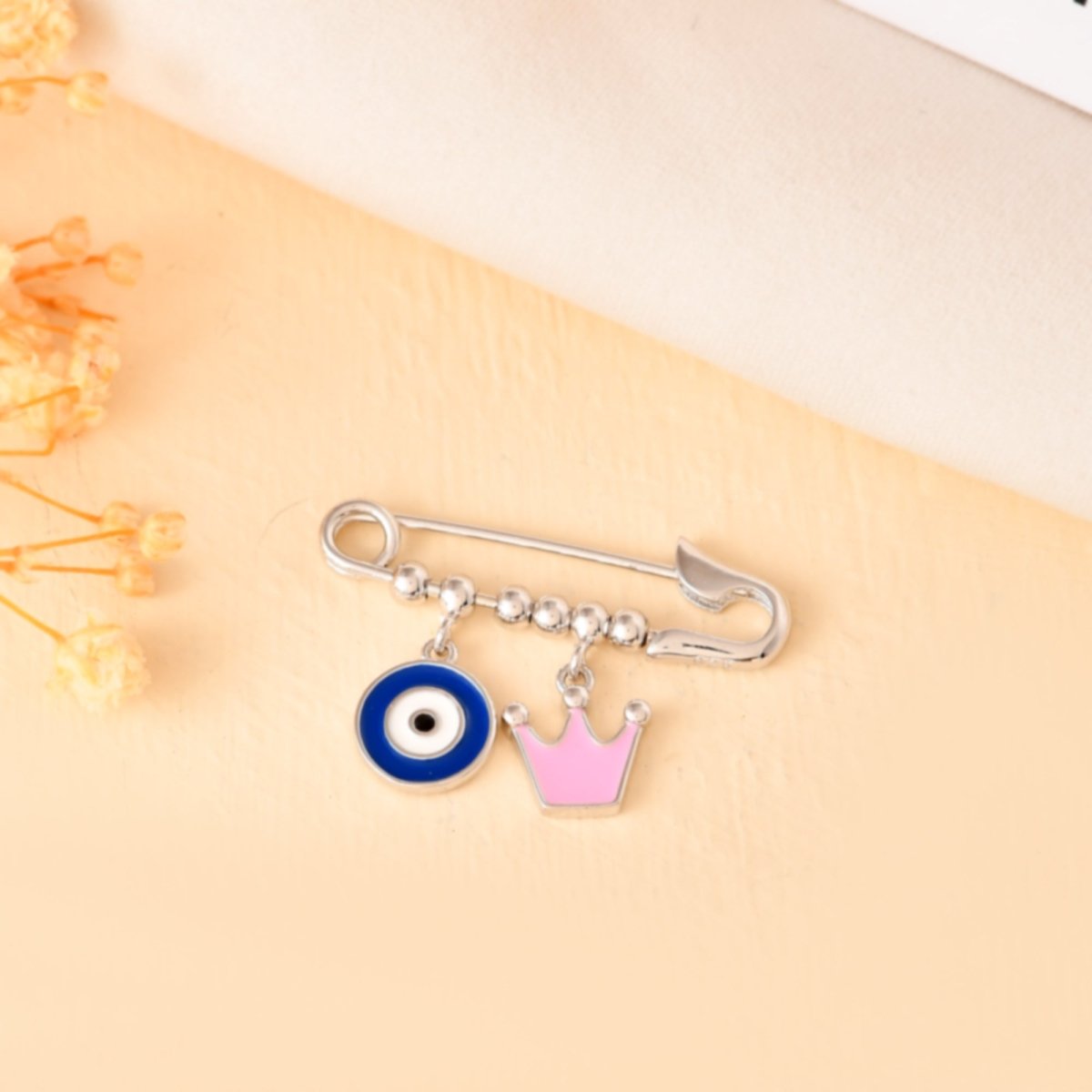 Crown - Eye Sterling - Silver Safety Pin | Baby Nazariya Brooch with Blue Evil Eye & Pink Crown - Zirak Silver