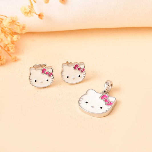 Cute Kitty - Face Sterling - Silver Pendant & Stud Earrings Set | White Enamel with Pink Bow - Zirak Silver