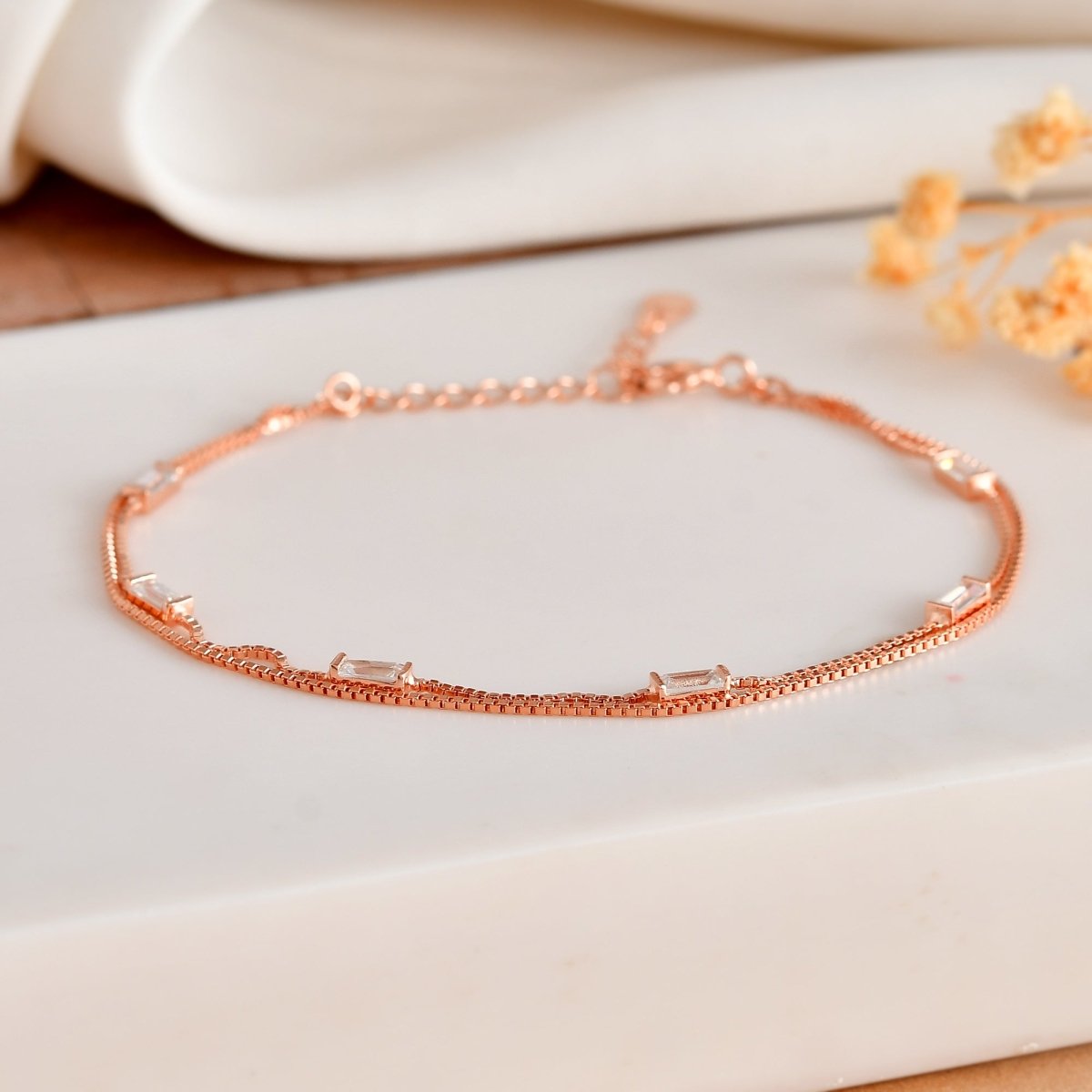Dainty Rose - Gold Vermeil Double - Layer Baguette CZ Bracelet - Zirak Silver