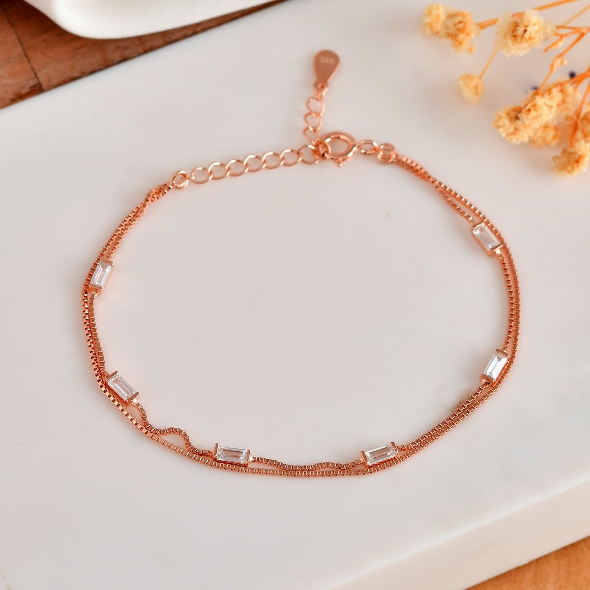 Dainty Rose - Gold Vermeil Double - Layer Baguette CZ Bracelet - Zirak Silver