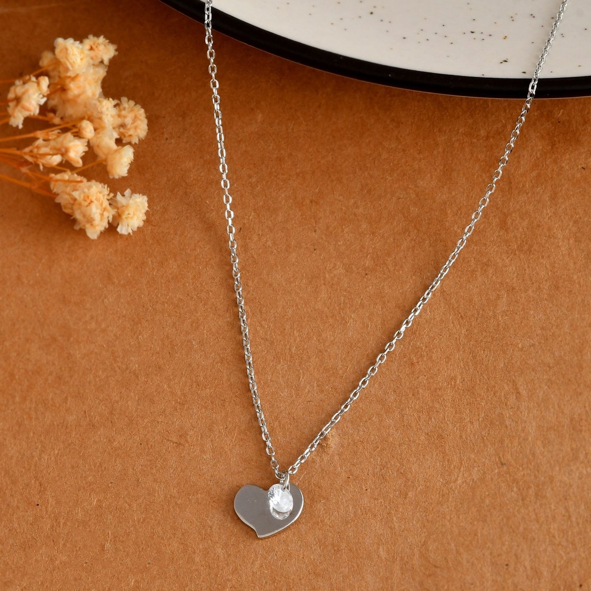 Dainty Sterling Silver Heart Pendant Necklace with White Crystal Charm - Zirak Silver