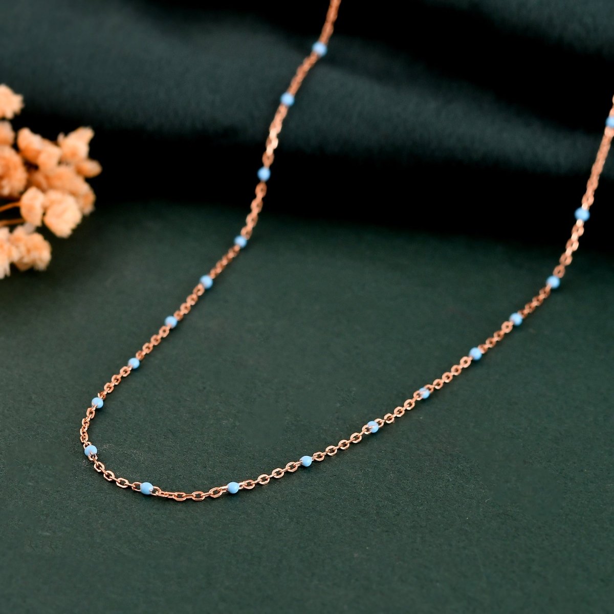 Dainty Turquoise Seed - Bead Necklace in Rose - Gold Chain │ Minimal Layering Choker Adjustable 14 - 18″ - Zirak Silver