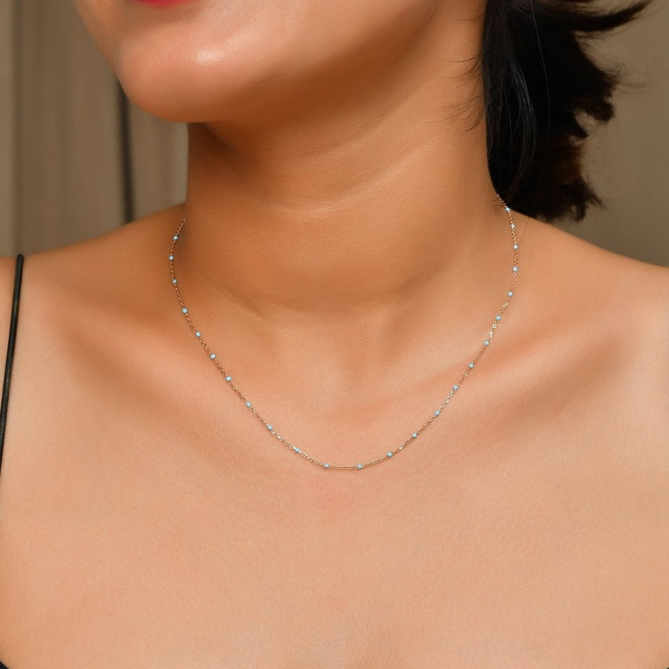 Dainty Turquoise Seed - Bead Necklace in Rose - Gold Chain │ Minimal Layering Choker Adjustable 14 - 18″ - Zirak Silver
