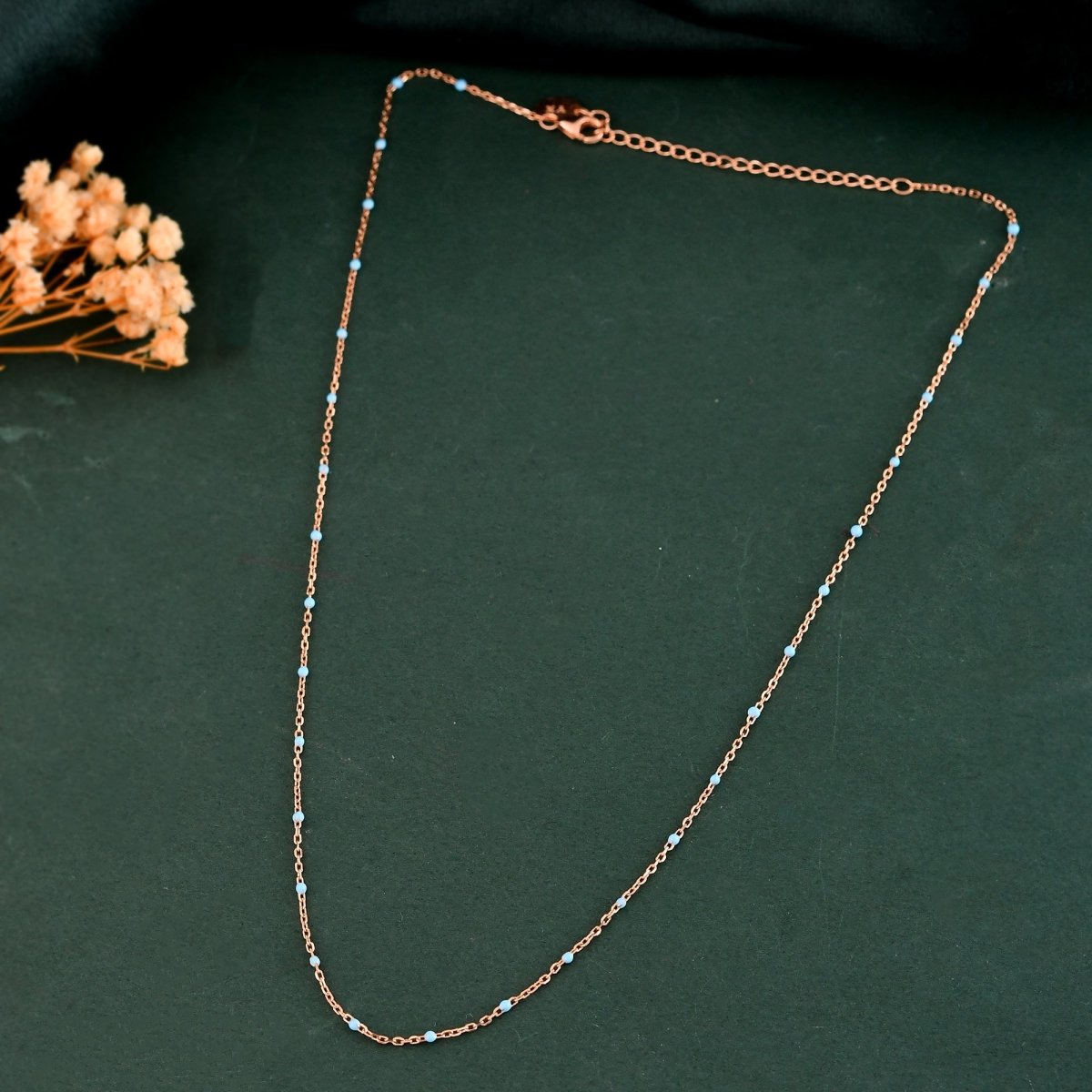 Dainty Turquoise Seed - Bead Necklace in Rose - Gold Chain │ Minimal Layering Choker Adjustable 14 - 18″ - Zirak Silver