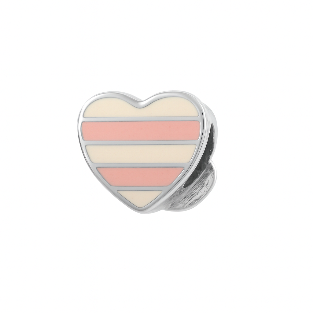 Striped Heart Musical Note Charm in Sterling Silver – Red & White Enamel with CZ Accents