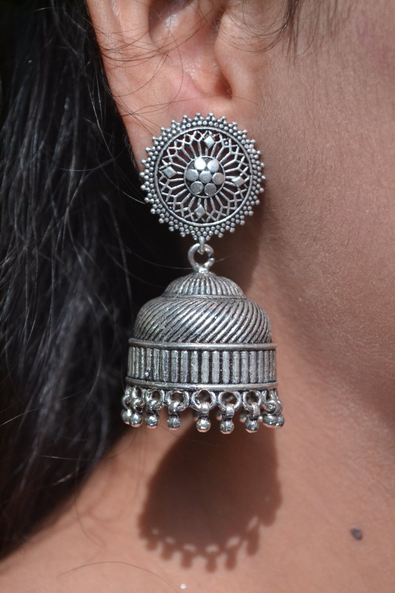 Devika Jhumkas – Statement Oxidised 925 Silver Dome Earrings - Zirak Silver
