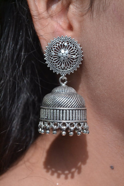 Devika Jhumkas – Statement Oxidised 925 Silver Dome Earrings - Zirak Silver