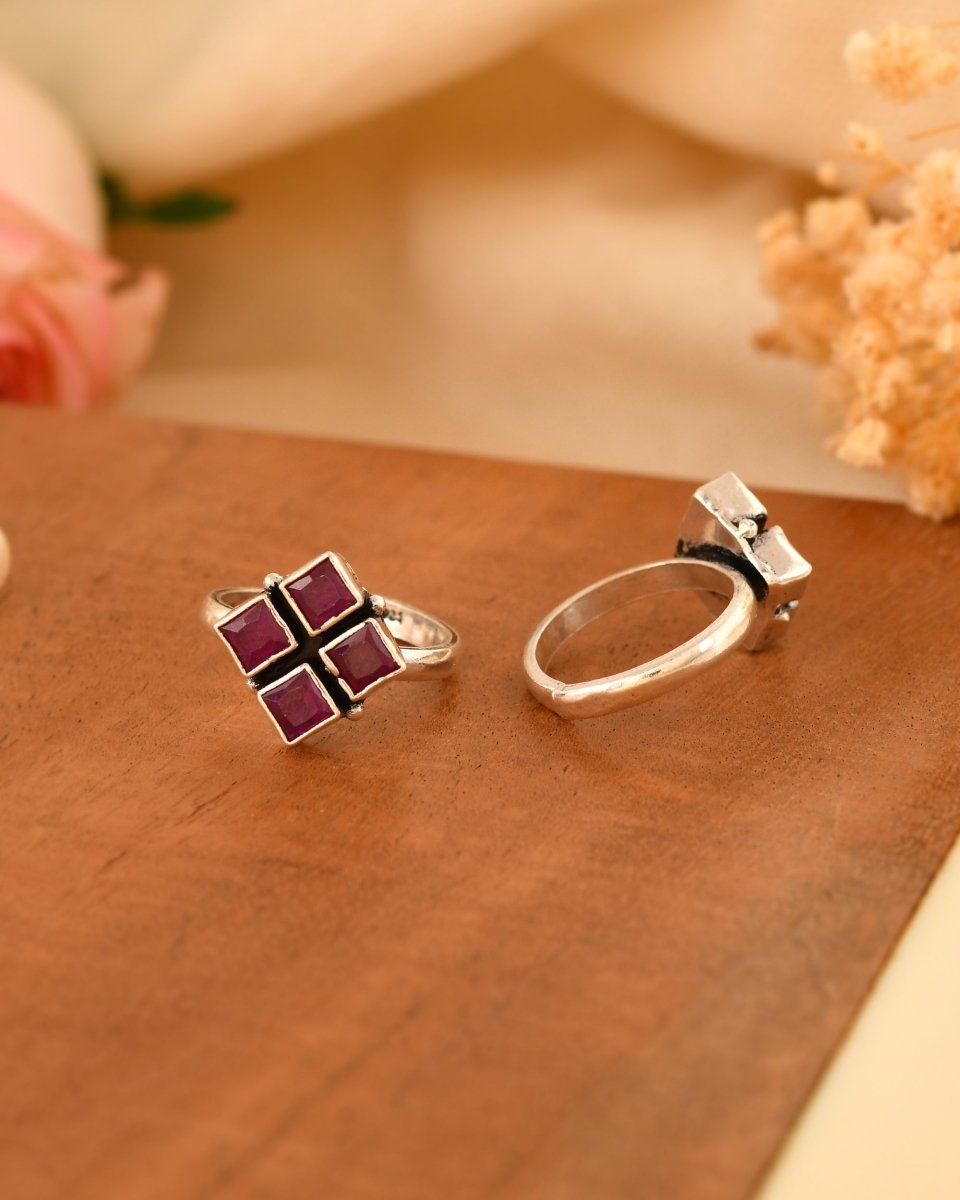 Diya Geometric Red Stone Toe Rings - Zirak Silver