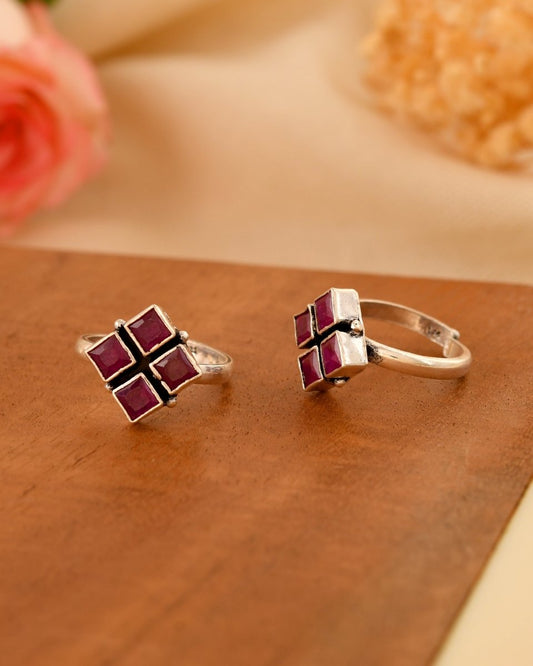 Diya Geometric Red Stone Toe Rings - Zirak Silver