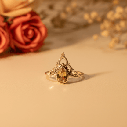 Diya Yellow Teardrop Crown Ring - Zirak Silver