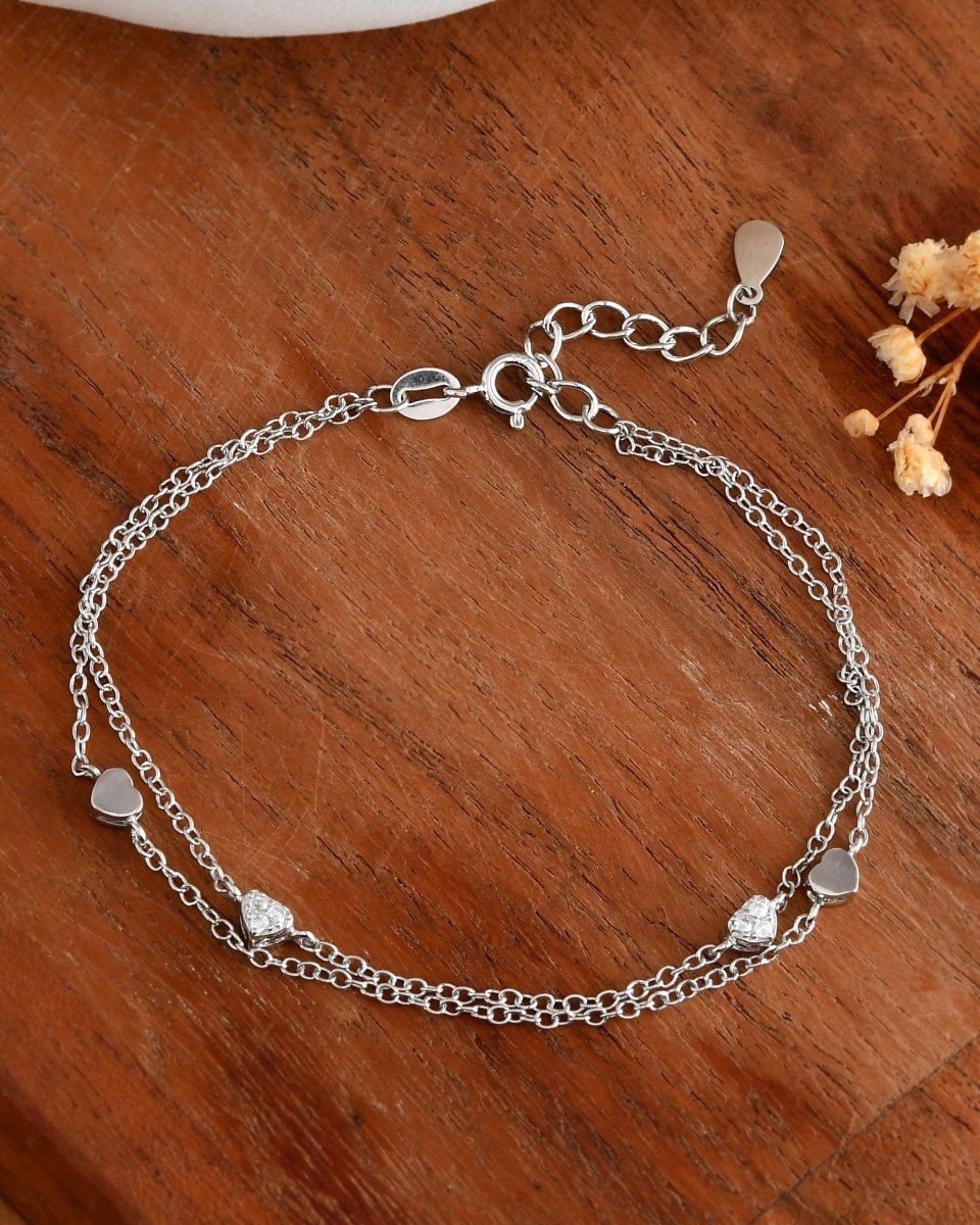 Double - Layer Heart - Charm Sterling - Silver Bracelet | CZ Pavé & Polished Mini Hearts - Zirak Silver