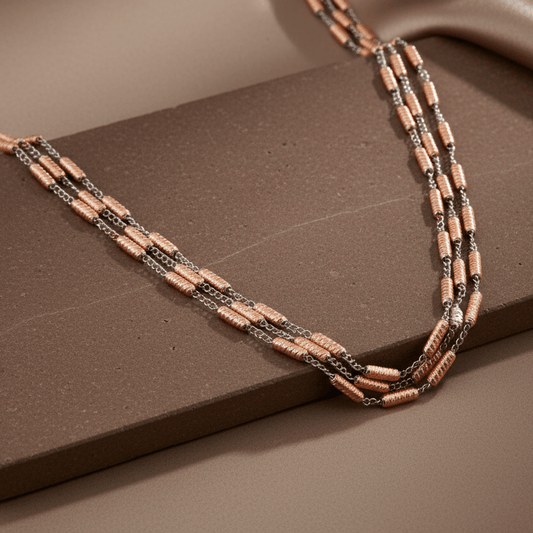 Dual - Tone 925 Silver Beaded Chain Necklace with Rose Gold Accents - Zirak Silver
