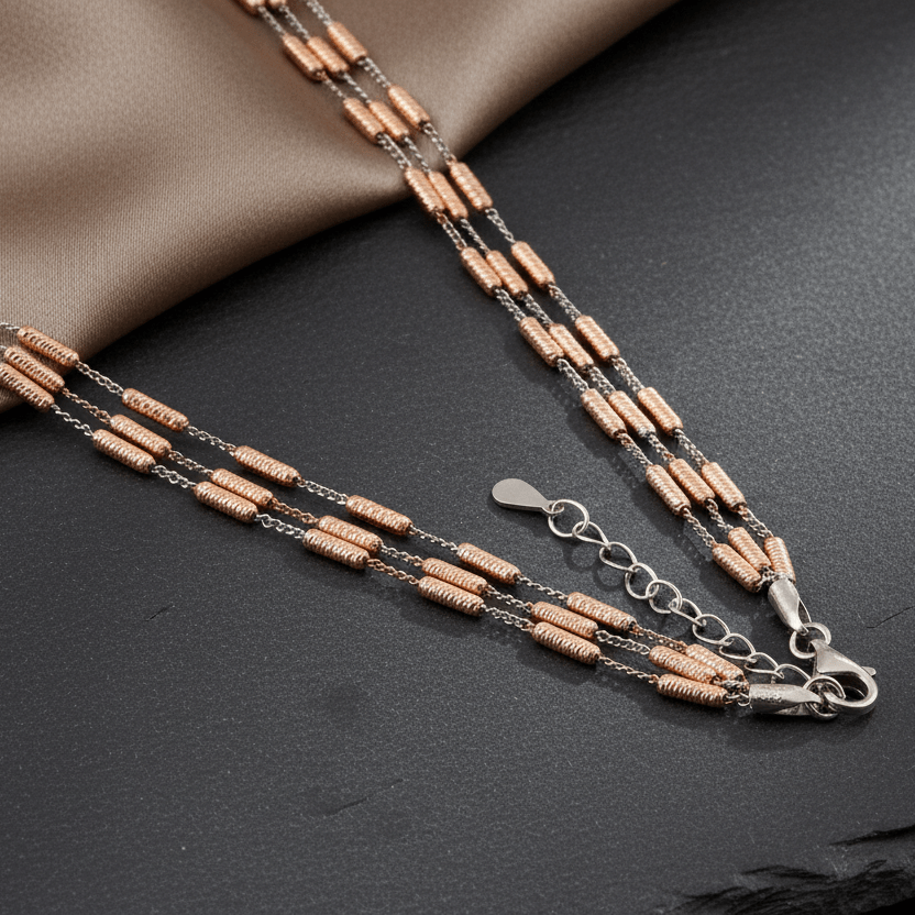 Dual - Tone 925 Silver Beaded Chain Necklace with Rose Gold Accents - Zirak Silver