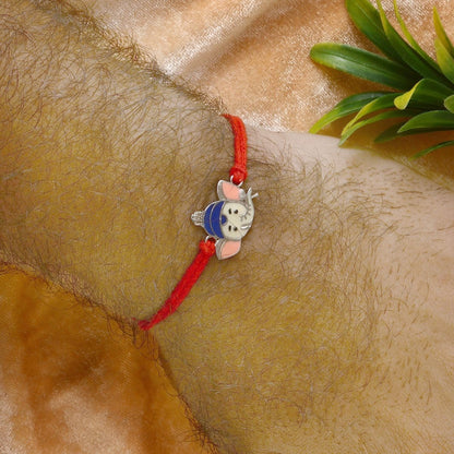 Dual-Tone Lord Ganesha Silver Rakhi with Red Thread - Zirak Silver