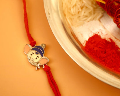 Dual-Tone Lord Ganesha Silver Rakhi with Red Thread - Zirak Silver