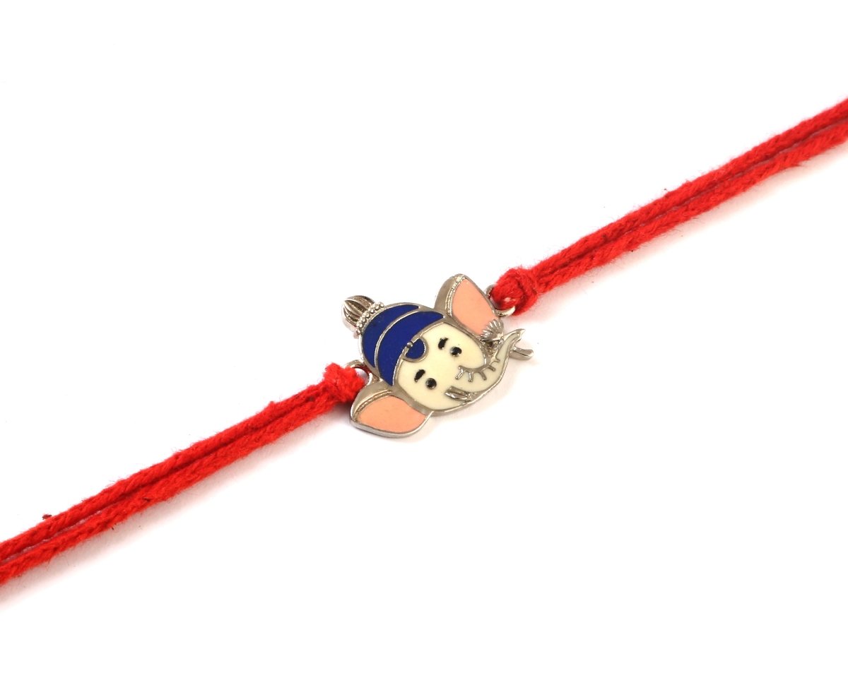 Dual-Tone Lord Ganesha Silver Rakhi with Red Thread - Zirak Silver