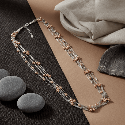 Dual Tone Multi - Layer Silver Beaded Necklace with Rose Gold Accents - Zirak Silver