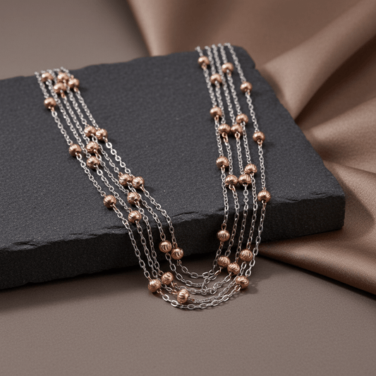 Dual Tone Multi - Layer Silver Beaded Necklace with Rose Gold Accents - Zirak Silver