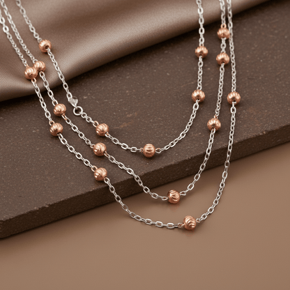 Dual Tone Silver Multi - Layer Beaded Necklace with Rose Gold Accents - Zirak Silver