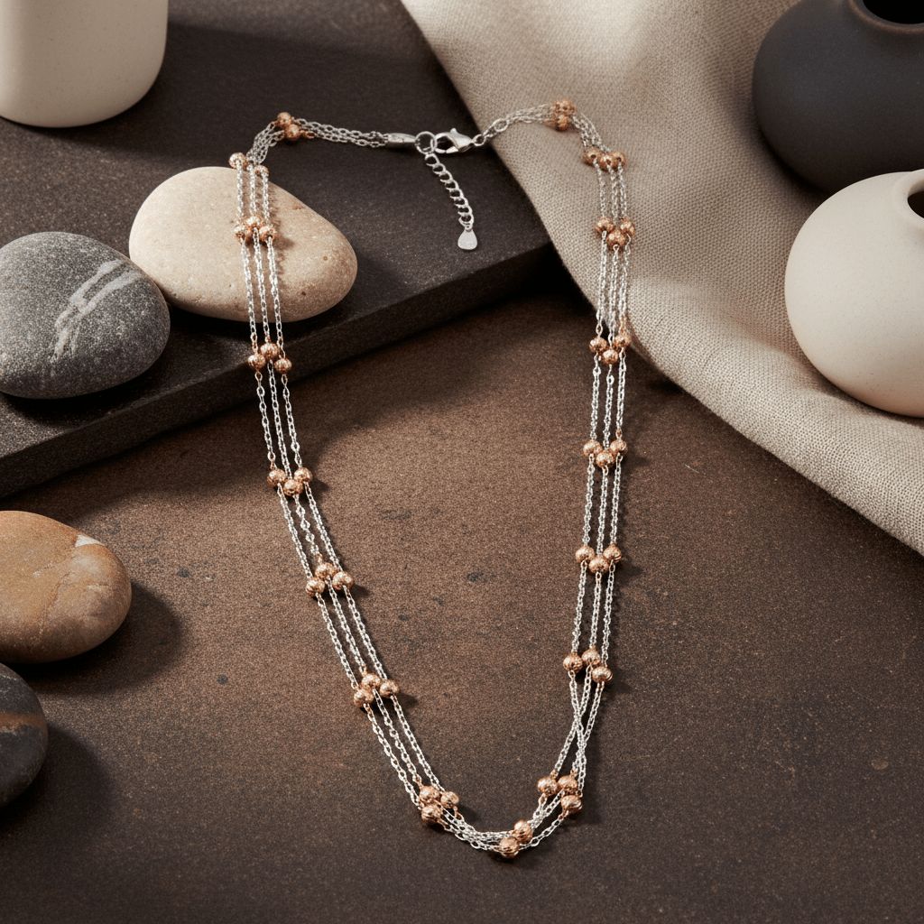 Dual Tone Silver Multi - Layer Beaded Necklace with Rose Gold Accents - Zirak Silver