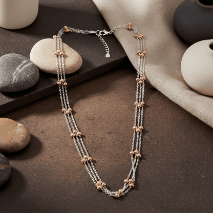 Dual Tone Silver Multi - Layer Beaded Necklace with Rose Gold Accents - Zirak Silver